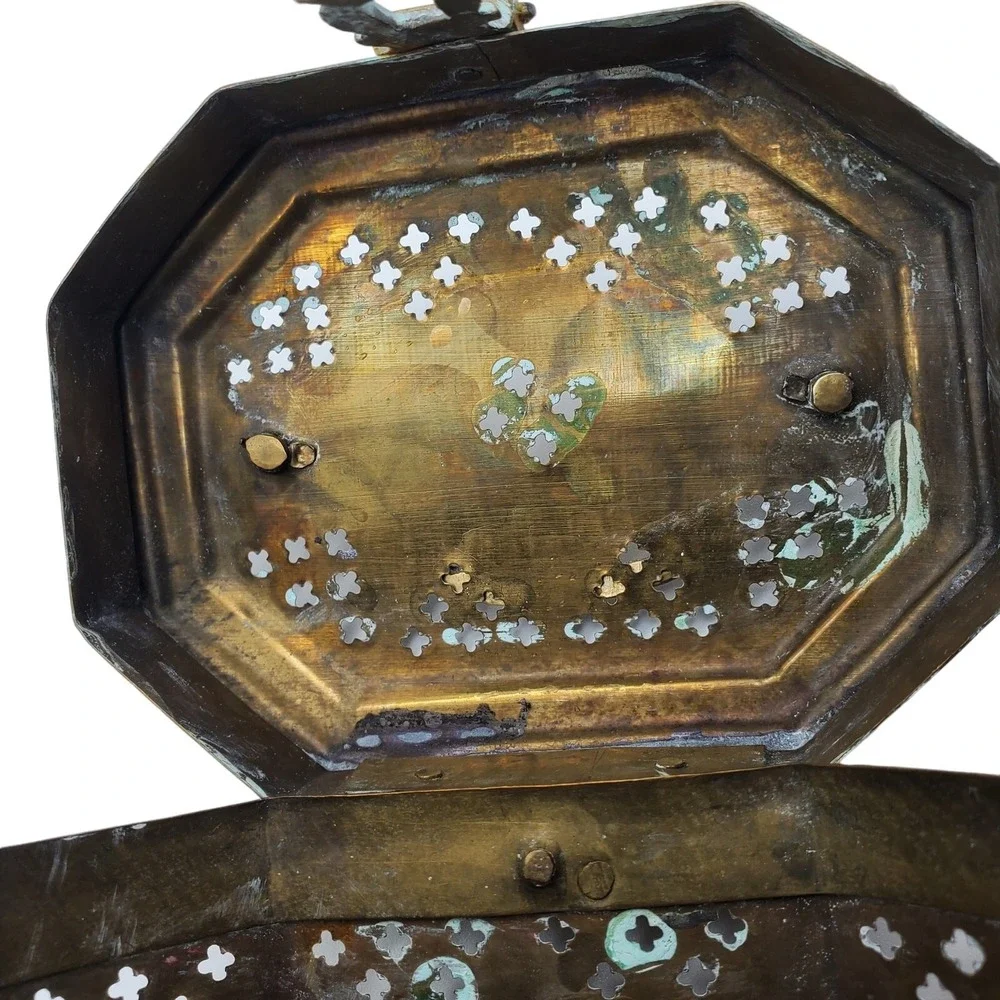 Brass Box Pierced Metal Cricket Cage Hexagon Trinket India Ethnic Boho‎ Storage
